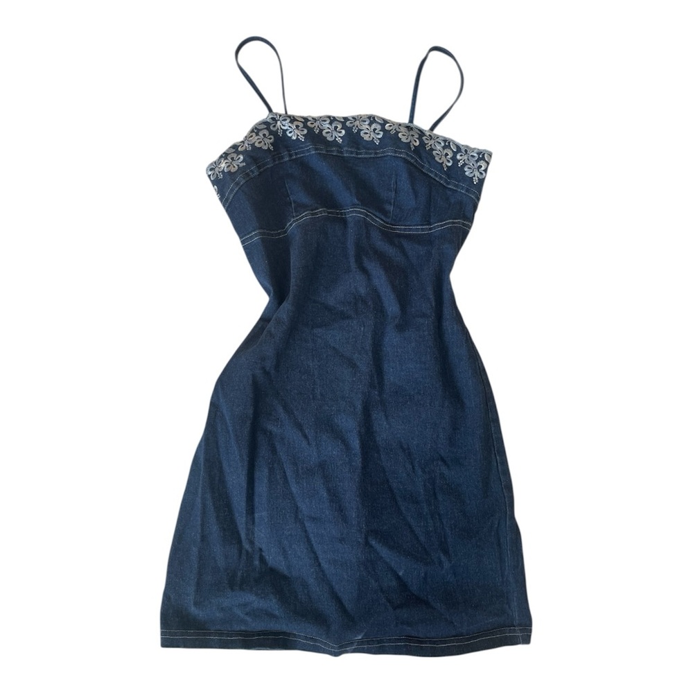 Vintage Y2k Brentwood Floral Embroidered Stretchy Denim Babydoll Mini Dress sz S - Picture 10 of 10